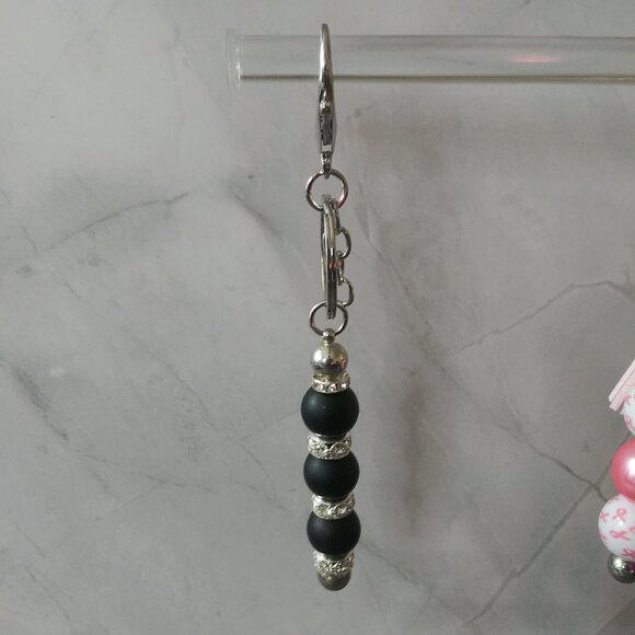 Elegant Black Matte Beaded Keychain with Silver Rhinestone Spacers - Picture 3 of 5